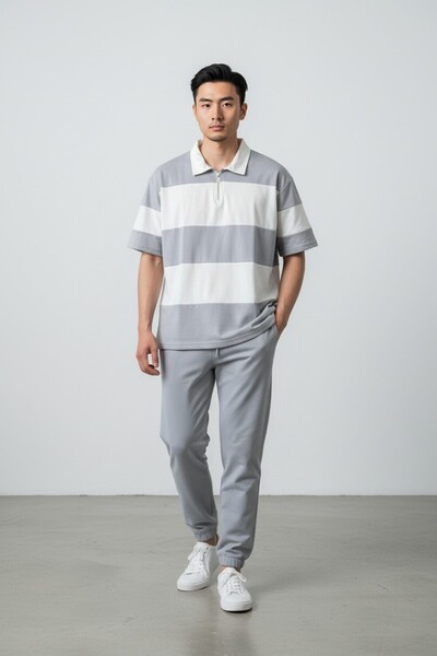 Altamira طقم بدلة رياضية للرجال مخططة باللون الرمادي الدخاني مقاس كبير بنصف س...