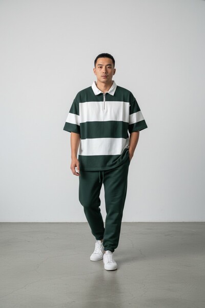 Altamira طقم بدلة رياضية رجالية مخططة باللون الأخضر بنصف سحاب وأرجل مطاطية