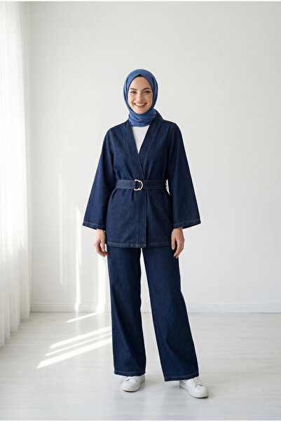 MİHRA STORE Ünzile Kemeri Χρυσή Πόρπη με Παντελόνι Σετ Τζιν - ML2115 Χρώμα Τζιν