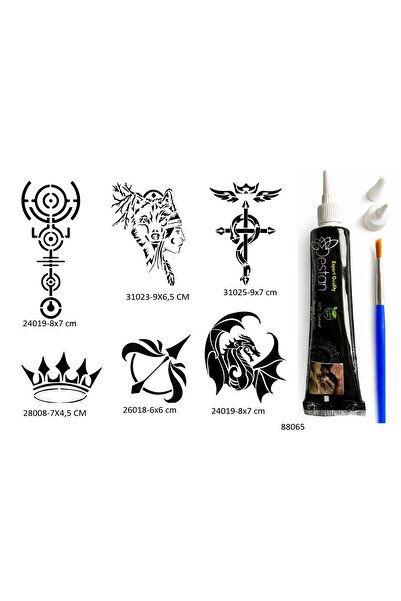 Airbrush Tattoo Ejderha Bozkurt 6 Adet Şablon ve Hint Kınası Geçici Dövme Seti