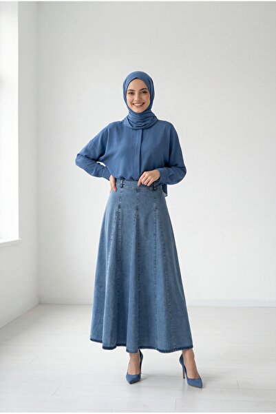 MİHRA STORE Ayza Piece-Divided Denim Skirt-Ml2133 Blue