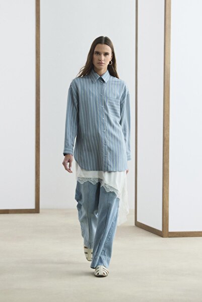 KADRİYE BAŞTÜRK Oversize Çizgili Gömlek Açık Mavi
