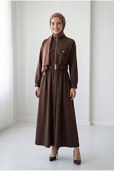 MİHRA STORE Efnan curea i cu încrețituri Rochie dublă cu fermoar pe jumătate ...