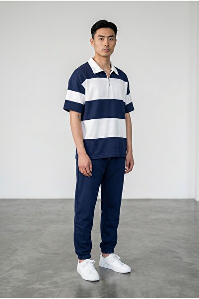 Altamira طقم بدلة رياضية للرجال من Indigo Ç مخطط بمقاس كبير ونصف سحاب واسع وس...