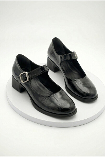 Shoesers Kadın Siyah Krokodil Tasarım Loafer Tokalı Günlük Kalın Topuklu Ayak...