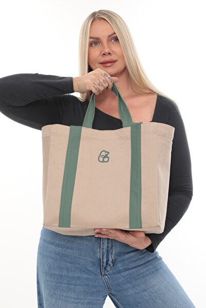 KOSTEBAG Vera Krem Yeşil Kulplu Nakışlı 340gr Gabardin Bez Çanta 34x31x14cm Ç...