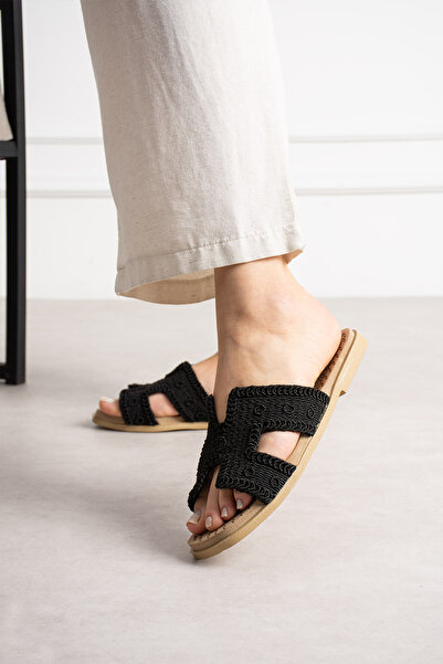 Moda Devrin Crna slamnata ženska obuća sa otvorenim prednjim delom Papuče za ...