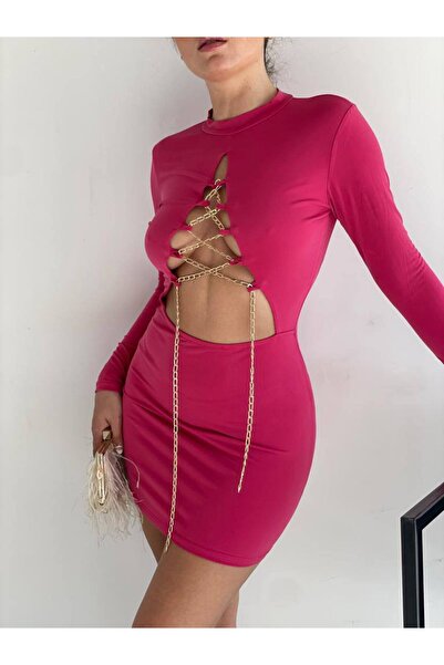 hipnoz butik kadın zincir detaylı göğüs dekolteli uzun kollu mini elbise