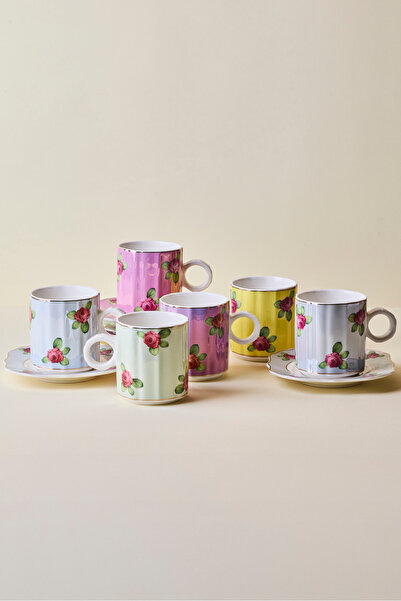 Perotti Hane+ 12 Parça 6 Kişilik Renkli Vintage Porselen Kahve Fincanı Takımı