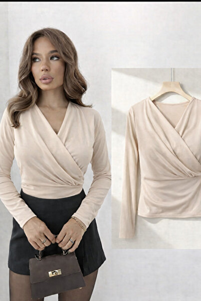 peri tower Ženska bež bluza sa V-izrezom, dugim rukavima i elegantnim dizajno...
