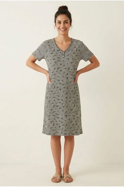 Flamingo Siyah Çizgili Kuş Desenli Pamuklu Kısa Kol Rahat Kalıp Kadın Elbise