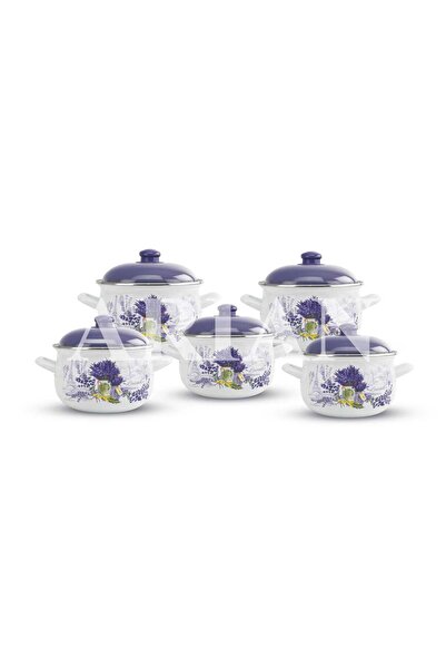 Arian Set 5 oale emailate cu capac, 2L–6,2L, model Lavandă