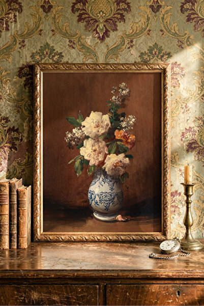 epiqart Güllerle Natürmort - Vintage Desenli Çerçeve