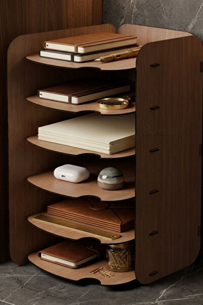Evene Dosya Düzenleyici Masa Üstü Organizer Ahşap Evrak Rafı Ceviz Renk Model 26