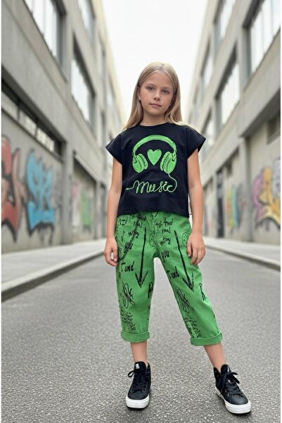 Hilal Akıncı Kids Комплект от 2 части за момиче с черна тениска с щампа на сл...