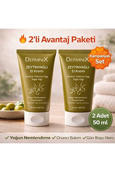 Derminix Zeytinyağlı El Kremi 2'li 50 ml – Yoğun Nemlendirici Avantajlı Set