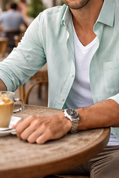 Varetta Muška zelena košulja Lan efekat dugih rukava Sa džepovima Pamuk širok...