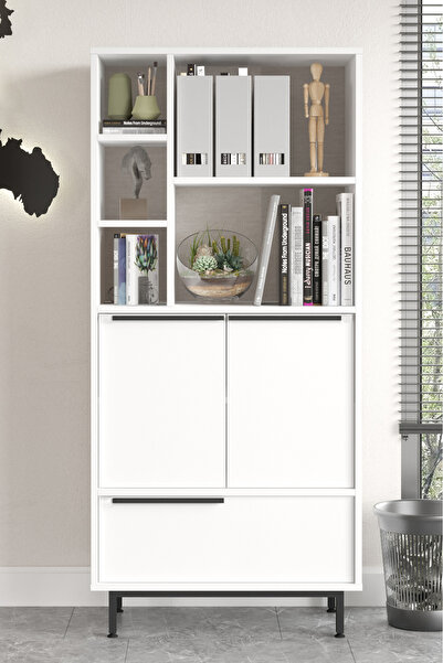 Yurudesign Ocean Ofis Klasör Dolabı Kitaplık 3 Kapaklı Metal Ayaklı Beyaz On9b-w