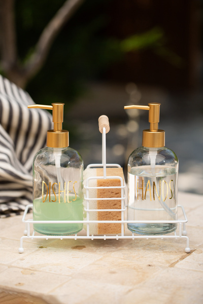 Rakle Чисто бял метален комплект от 2 броя дозатори за течен сапун с дървена ...