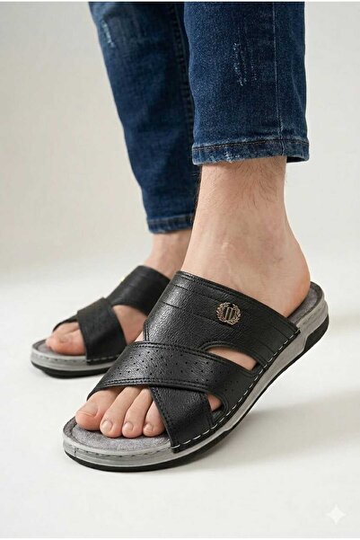 Enova Faux Leather Kalkan Buckled Home and Outdoor Men's Slippers