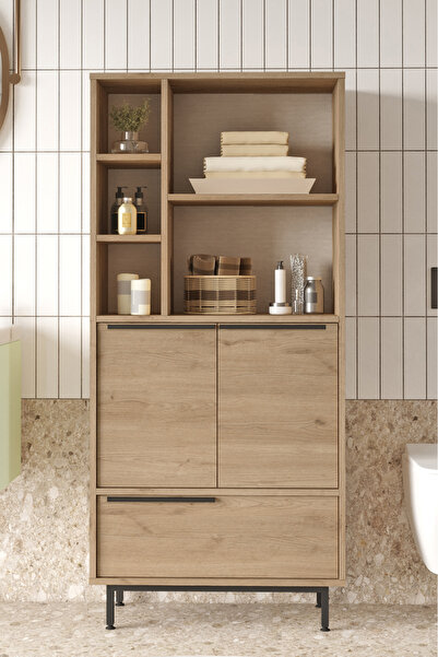 Yurudesign Ocean Banyo Dolabı Çok Amaçlı Dolap 3 Kapaklı Metal Ayaklı Sepet O...