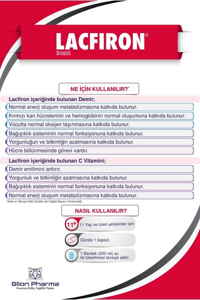 Glion Pharma Lacfiron Demir, Laktoferrin ve Vitamin C İçeren Kapsül Takviye Edici Gıda