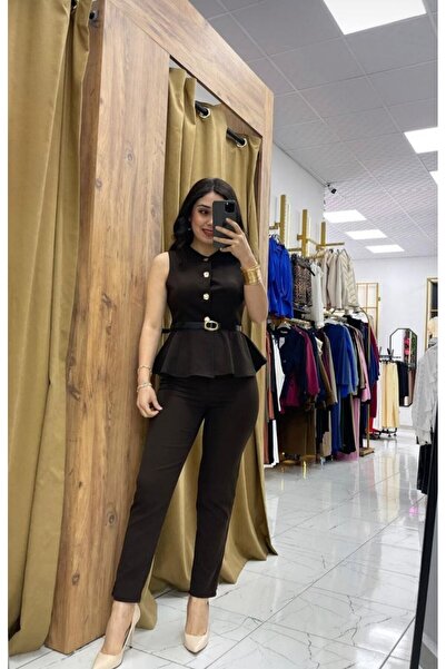 LİFERA Gold Düğme Detaylı Peplum Yelek Ve Kalem Pantolon İkili Takım, Ceket- ...