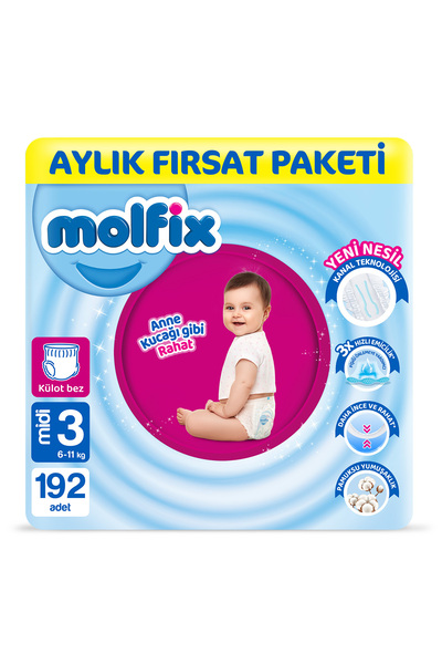 Molfix Pants Bebek Bezi 3 Beden Midi Aylık Fırsat Paketi 192 Adet