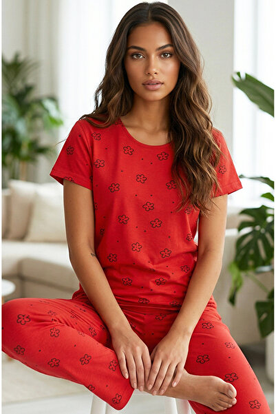 Siyah İnci Pamuk komad crvene Pujan Sa deznom Pleteno pidžama set