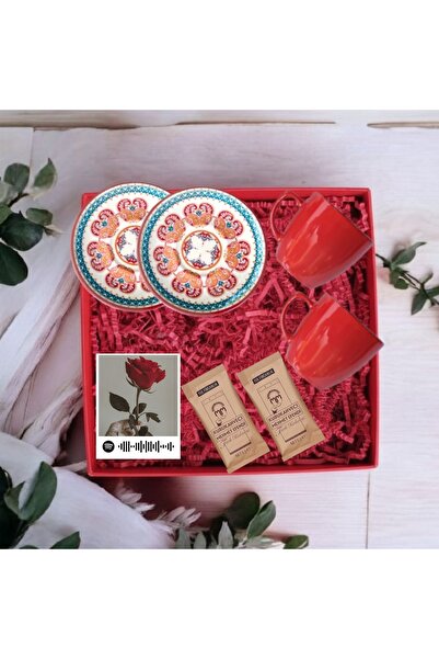 MARMORİ İKİLİ KIRMIZI ÇİNİ FİNCAN TAKIMI KİŞİYE ÖZEL GÖRSEL KAHVELİ HEDİYE SETİ