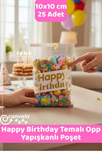 CANVELA 25 Adet Happy Birthday Temalı Poşet Doğum Günü Temalı Poşet10x10 Cm O...