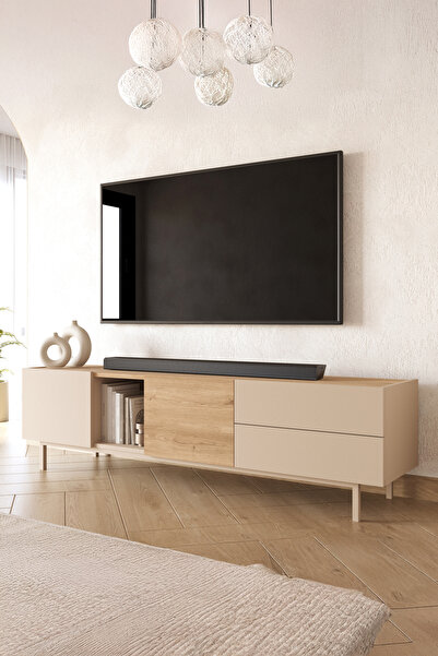 Yurudesign Sedra Tv Ünitesi Sehpası 2 Kapaklı 2 Geniş Çekmeceli Ahşap Ayak 18...