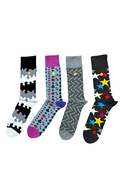 Mugan Renkli Günlük Desenli Pamuklu Dikişsiz Erkek Çorabı (4 ÇİFT)