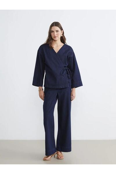 LC Waikiki Γυναικείο τζιν παντελόνι Indigo με ελαστική μέση και φαρδιά μπατζά...