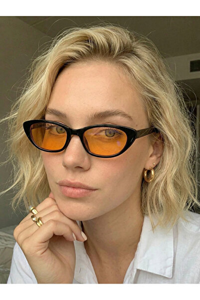 VEGA EYEWEAR Aventino Siyah Çerçeve Turuncu Camlı Çekik Cat Eye Minik Çekik T...