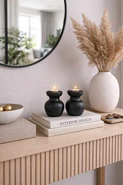 justwood 2 Li Siyah Büyük Nar Model Tealight Ahşap Şamdan Seti Dekoratif Şamdan