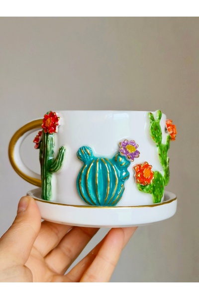 KOTYORA Kaktüslü Hediyelik El yapımı Seramik Kupa