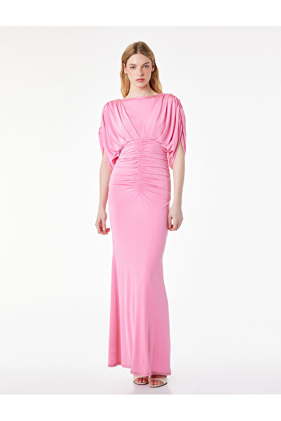 Koton Slim Fit Derin V Yaka Drapeli Yarasa Kol Uzun Abiye Elbise