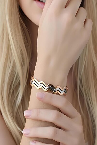 Bontexs Kadın Dalgalı 3 Farklı Renk Kuşağı Şık Çelik Kelepçe Bileklik