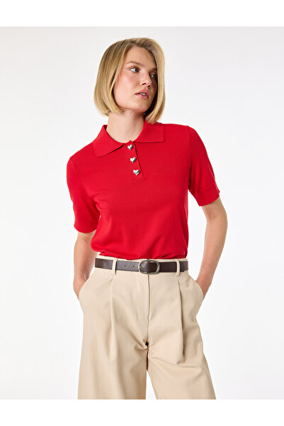 Koton Kısa Kollu Kalp Düğme Detaylı Polo Yaka Triko Tişört