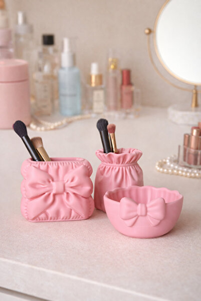 NureStore 3’lü Fiyonklu Makyaj Organizer Seti – Pembe Kozmetik Kutusu