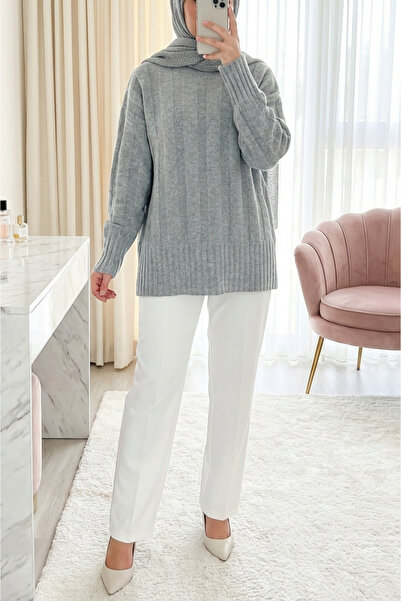 Modamorfo Half-Throated Stripe Patterned Soft Knit Sweater - Gray