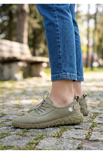 Mammamia Kadın Hakiki Deri Casual Ayakkabı -Yeşil Renk - Günlük Bağcıklı Raha...