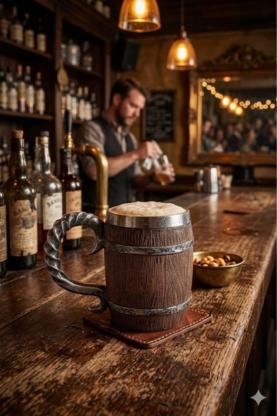 MINDA Fıçı Kupa Bardak Ahşap Görünümlü Paslanmaz Çelik Bira Bardağı 450 ml