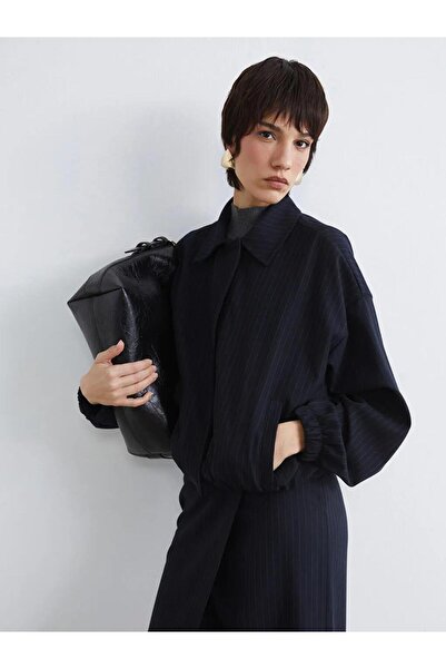 LC Waikiki Navy Blue Striped Oversized Women's Shirt Jacket (S6)