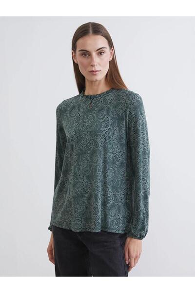 LC Waikiki Bluză verde cu volane și guler înalt cu imprimeu (S6)