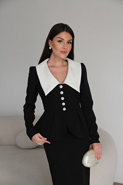 Julidress V-Neck Ruffled Pearl Buttoned Jacket and Maxi Skirt Premium Design Set