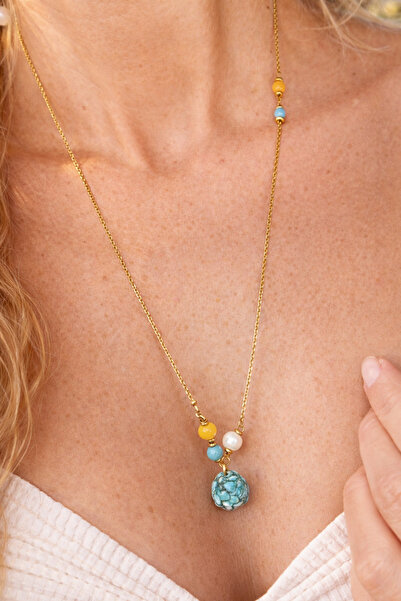 By Song Aksesuar قلادة من الحجر الطبيعي باللون الفيروزي مع سلسلة فولاذية