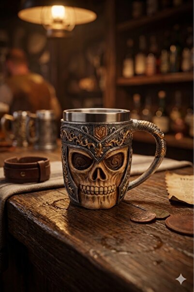 MINDA Kuru Kafa Temalı Kupa Bardak - Paslanmaz Çelik - Retro Viking Tema Vint...