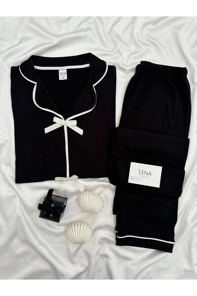 Lena Homewears Μαύρο μπροστινό φιόγκο λεπτομερές κοστούμι πιτζάμα